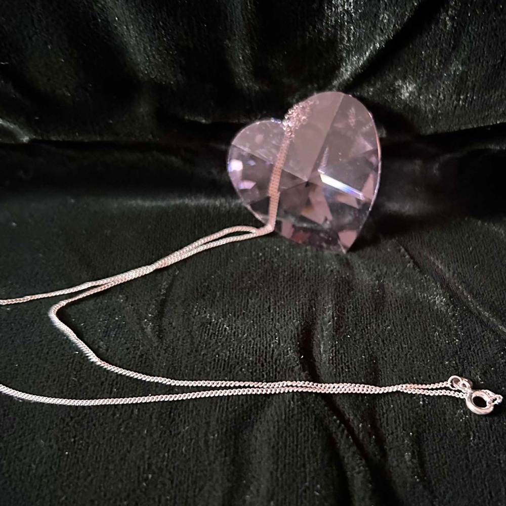 CRYSTAL HEART NECKLACE, PINK, LARGE, STERLING SILVER CHAIN, 19 INCHES, HOLT RENF